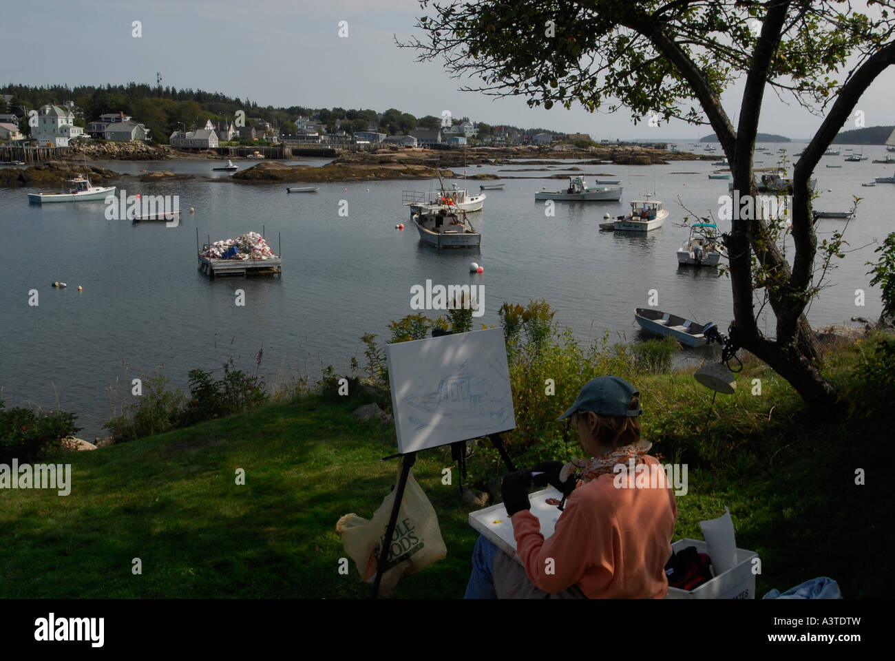 Castine town home of the Maine Marine Academy Woman painting a seascape