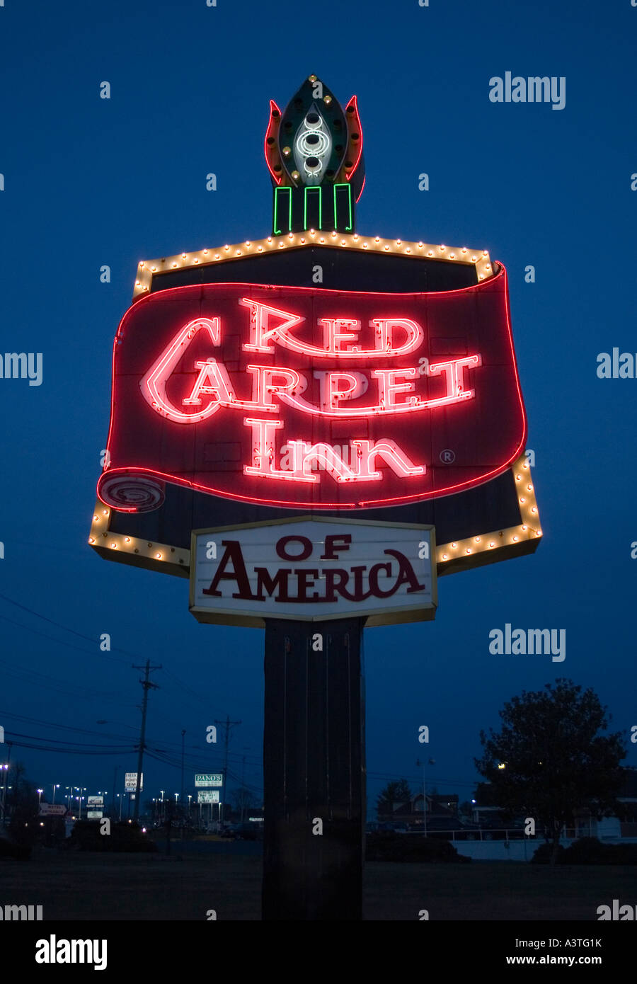 Old Red Carpet Inn sign at night in Harrisonburg Virginia Stock Photo