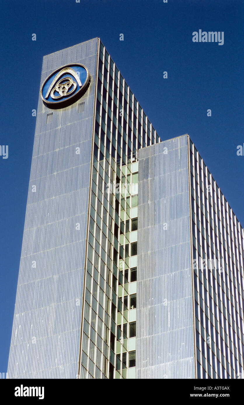 ThyssenKrupp logo at the front of the ThyssenKrupp high-rise, Duesseldorf, NRW, Germany Stock Photo