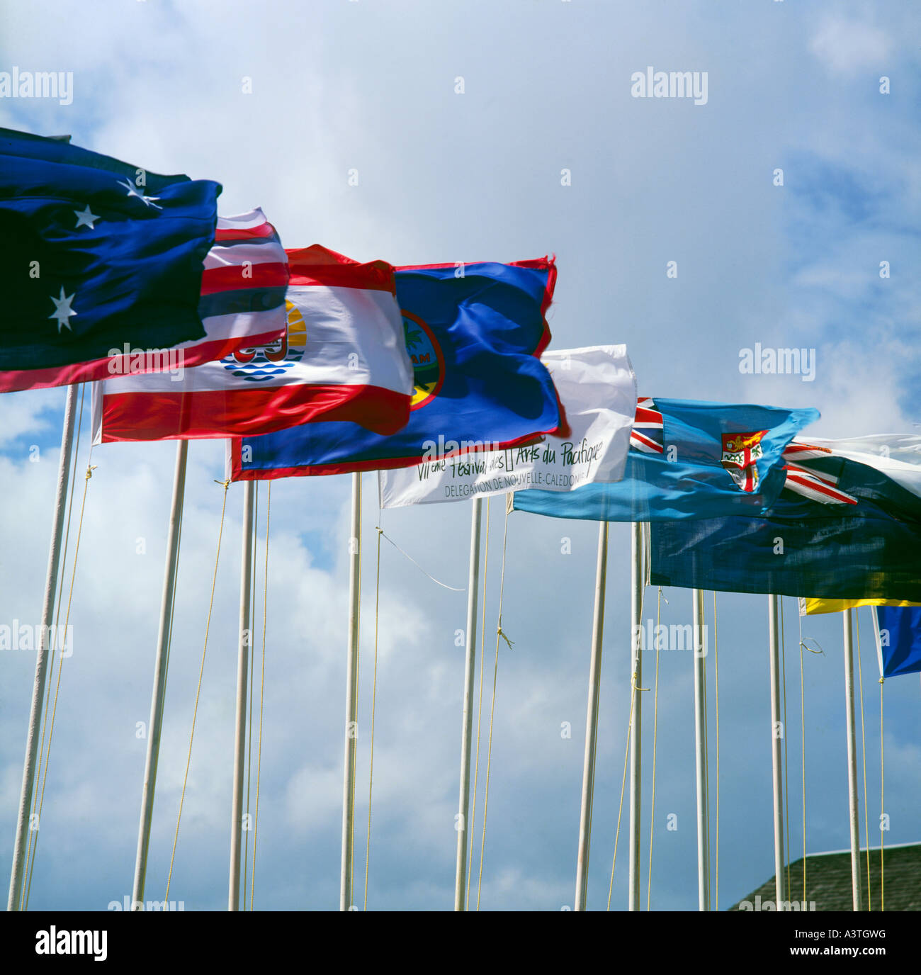 Flags of some participating nations of the Festival of Pacific Arts fly