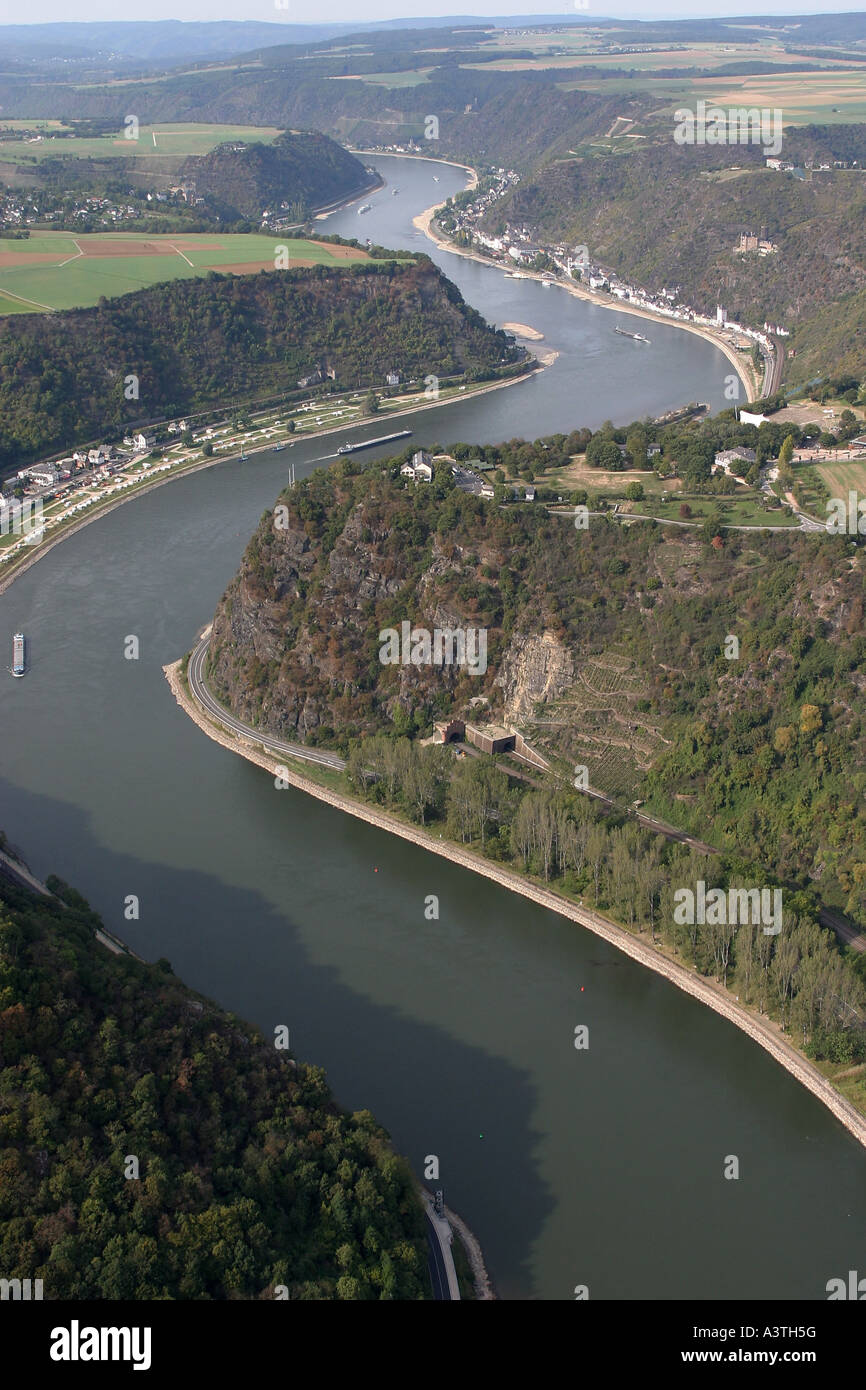The Loreley (also written as Lorelei) is a rock on the eastern bank of the Rhine near St. Goarshausen Stock Photo