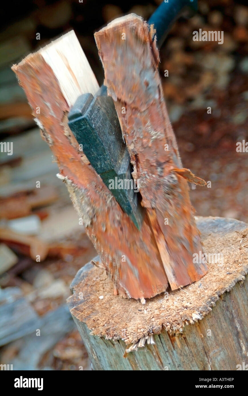 Axe splitting wood Stock Photo Alamy