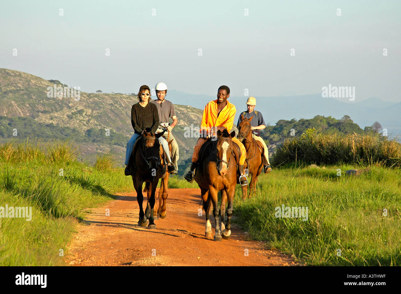 tourists horse riding in the Vumba mountains of Zimbabwe Stock Photo