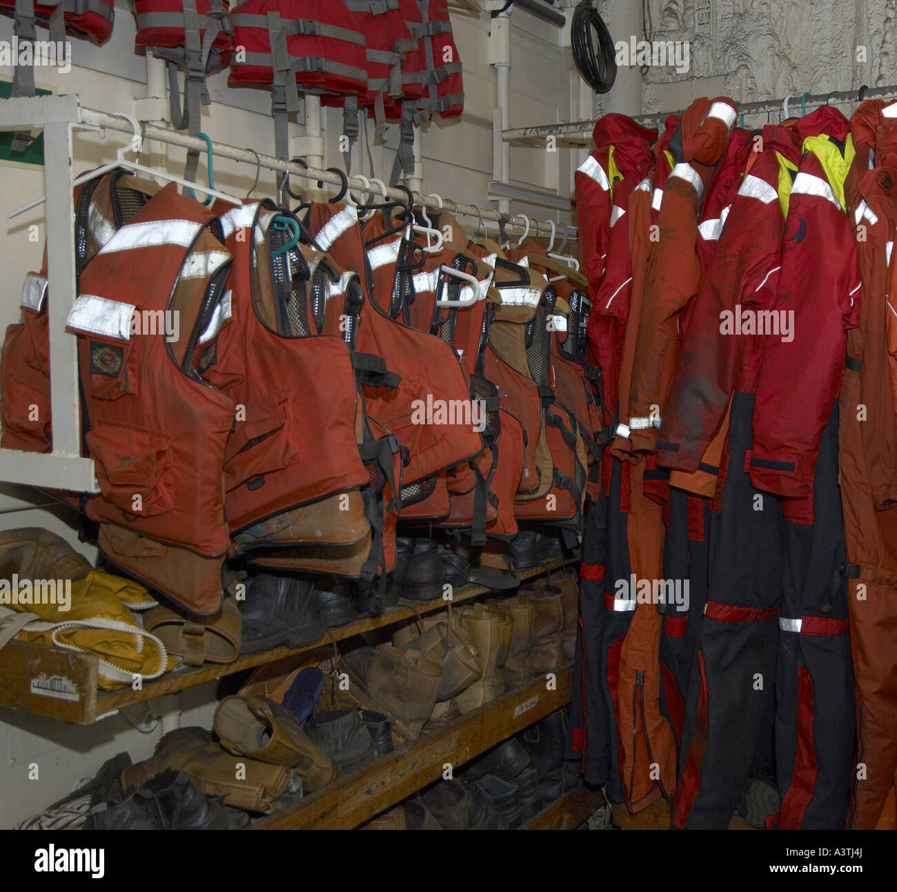 Safety gear and clothing on board the Greenpeace ship MV Arctic Sunrise Stock Photo