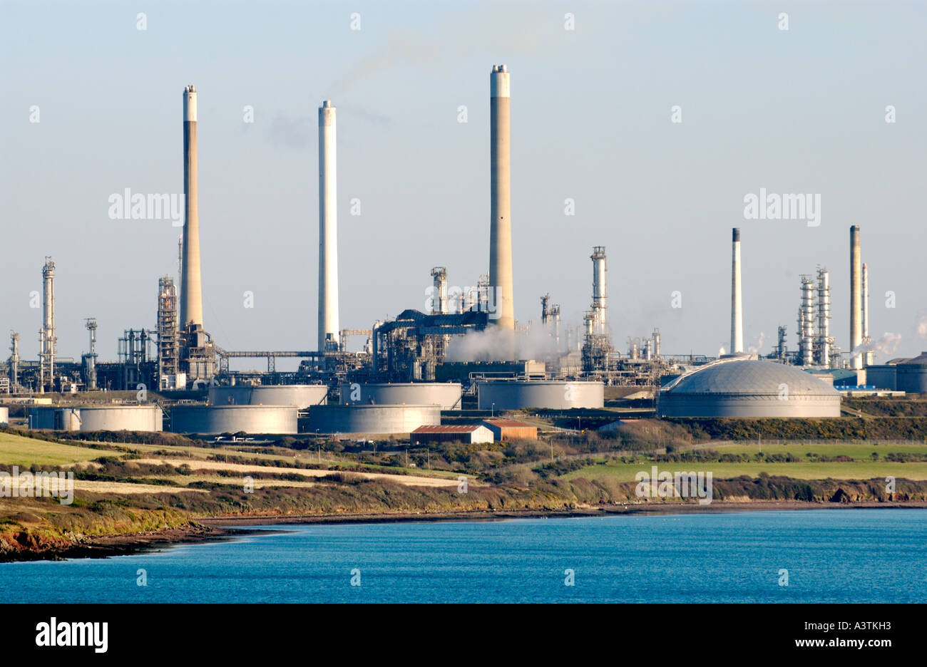 View over Texaco oil refinery Milford Haven viewed from Angle Pembrokeshire West Wales UK Stock Photo