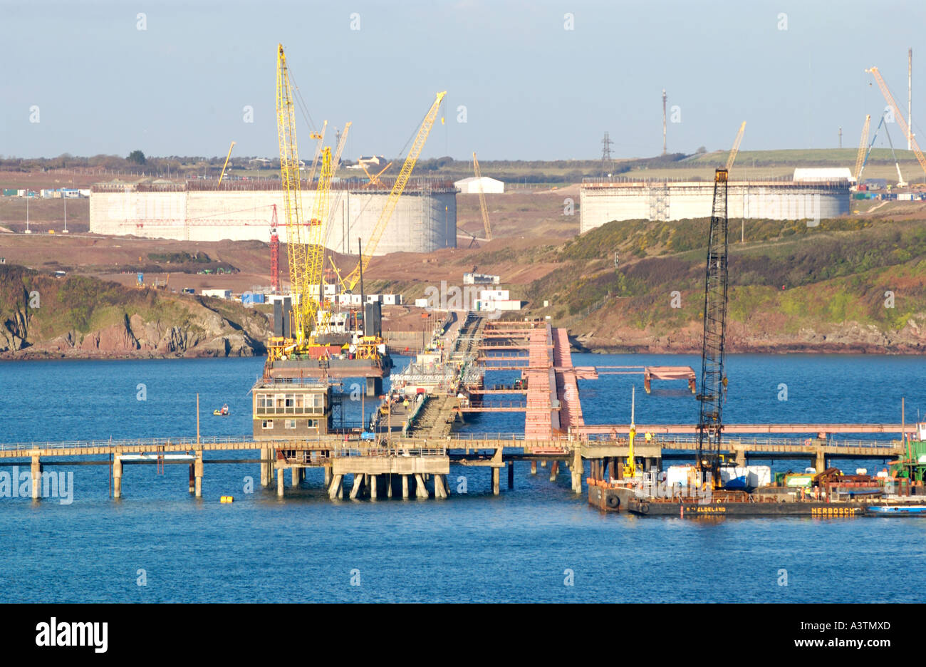 Gas storage tanks under construction at South Hook LNG terminal at