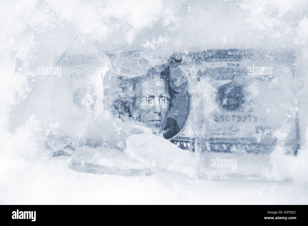 Twenty Dollar Bill US Dollars in Ice Frozen Assets money concept Stock Photo