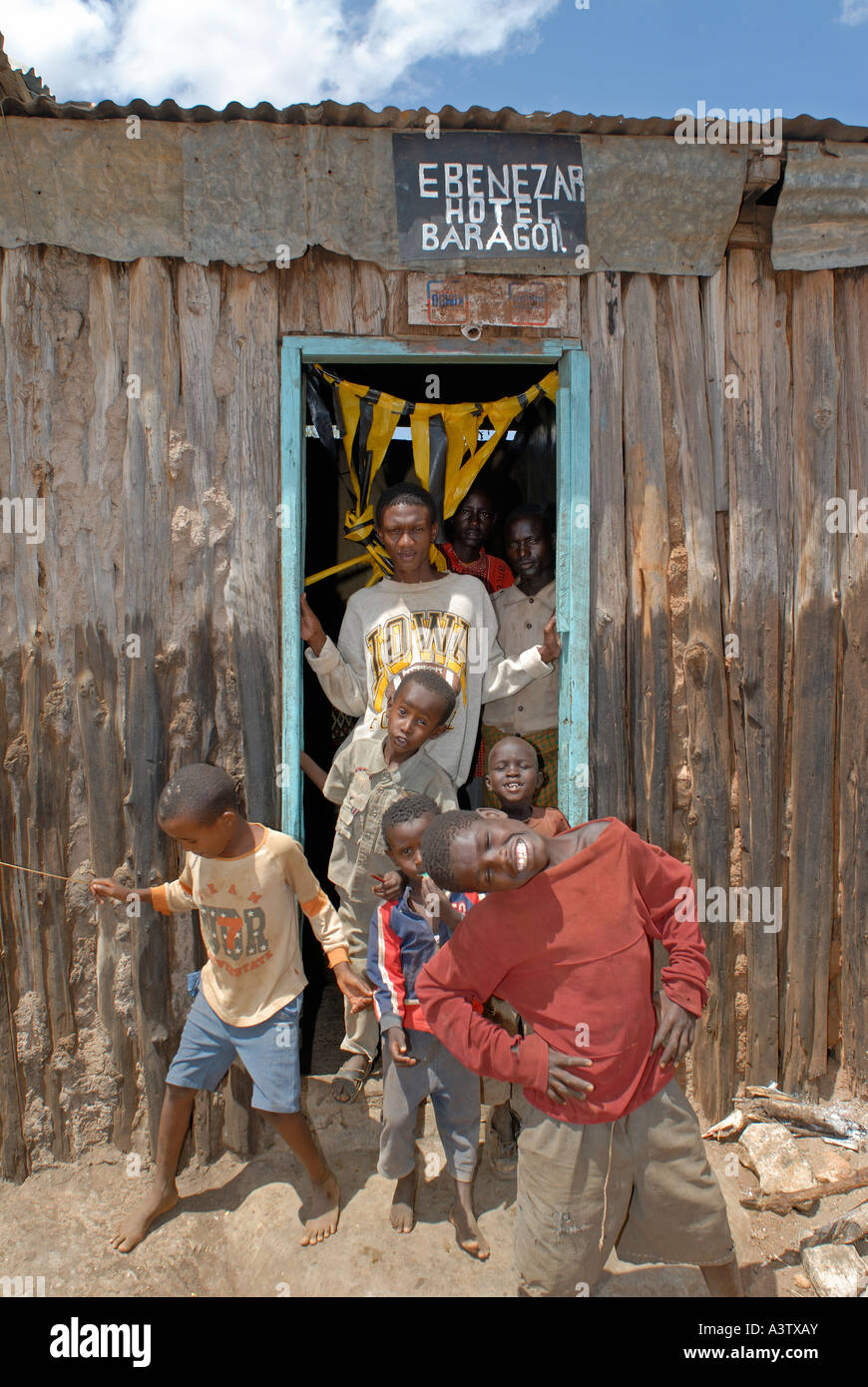 Kenyan children at the doors of Baragoi local pub Kenya Stock Photo