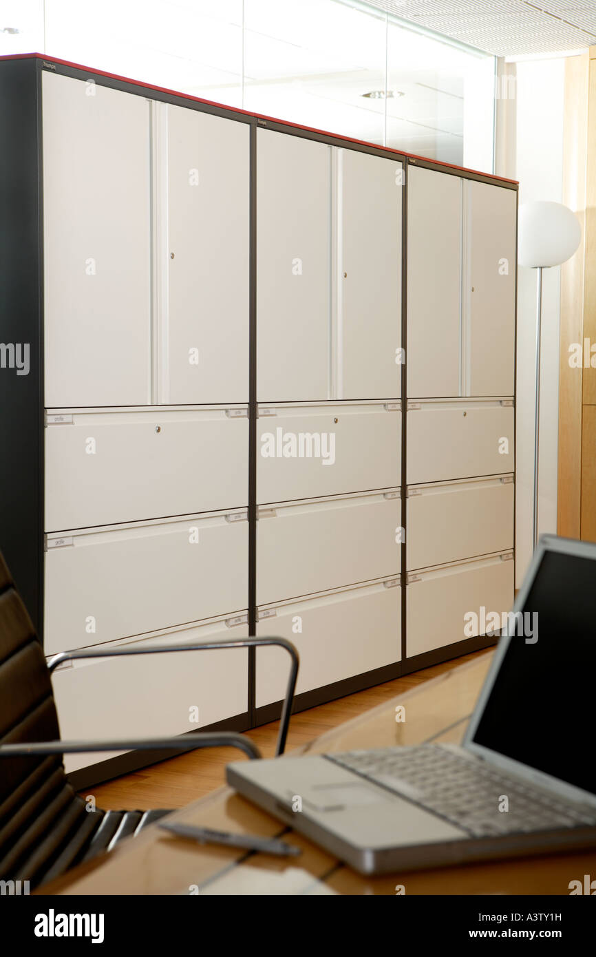Modern Office Interior empty Large filing cabinet and storage cupboards. Stock Photo