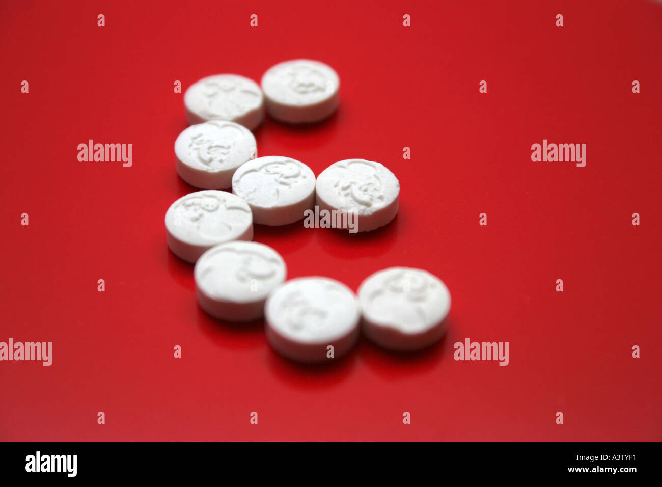 E Ecstasy pills or tablets close up studio shot methylenedioxymethamphetamine Stock Photo