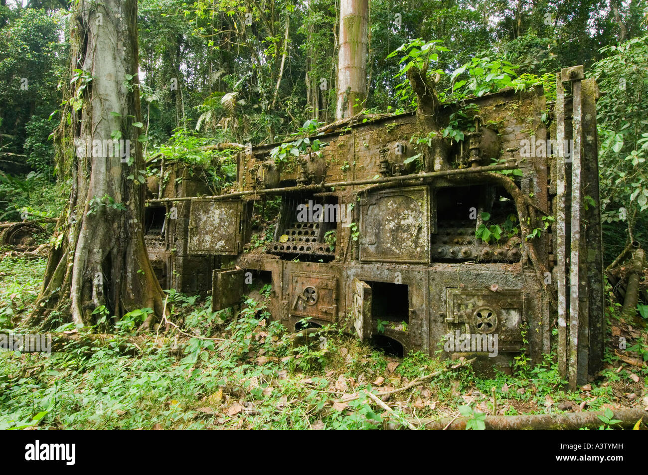 Panama, Darien National Park, Cana area, ruins of Espiritu Santo (Holy Ghost) Gold Mine, Mining equipment abandoned in jungle Stock Photo