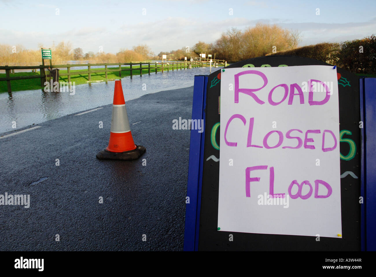 Road closed due to flooding near Gloucester, UK Stock Photo - Alamy