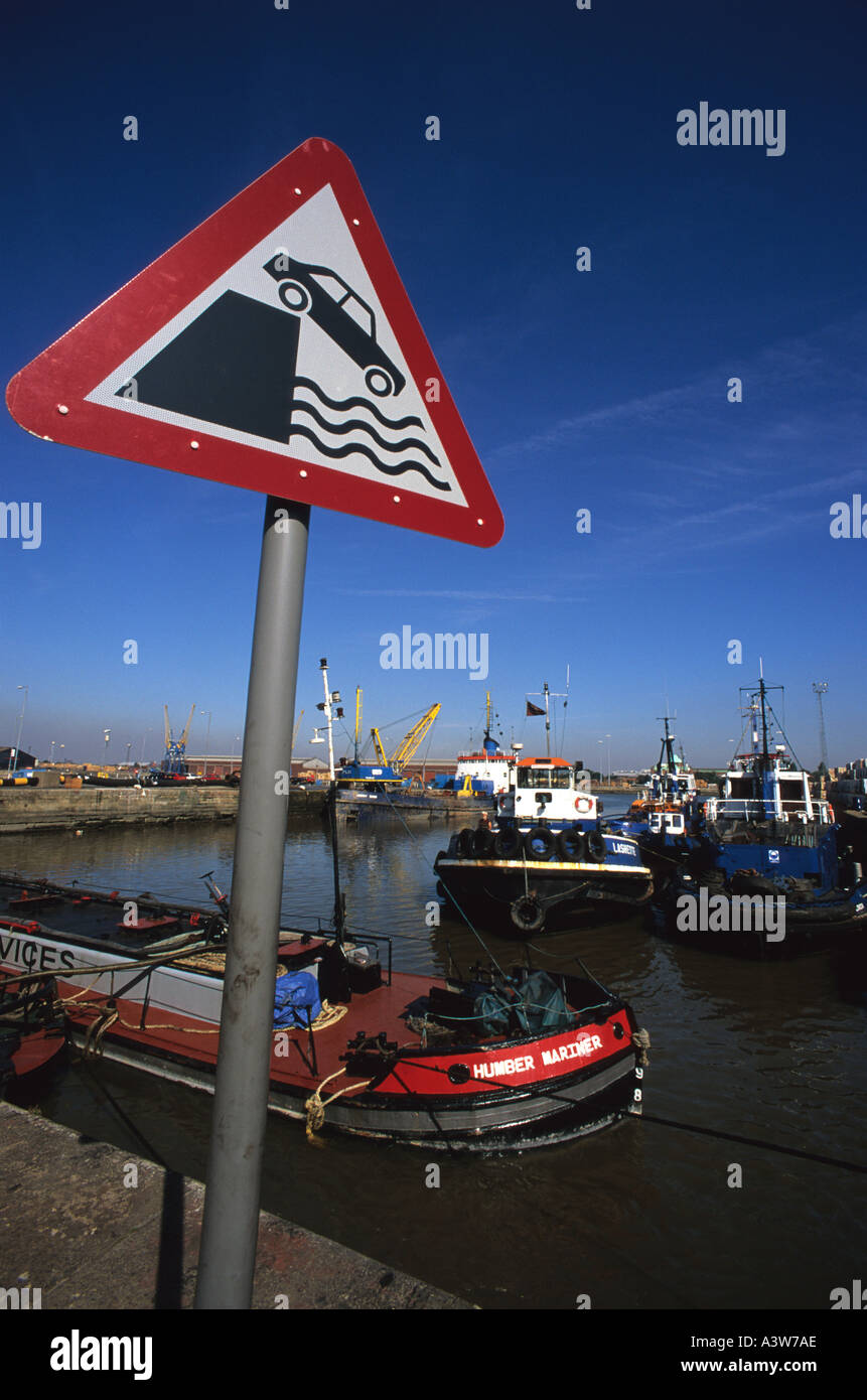 warning sign to people driving vehicles of quayside at the port of hull docks yorkshire uk Stock Photo