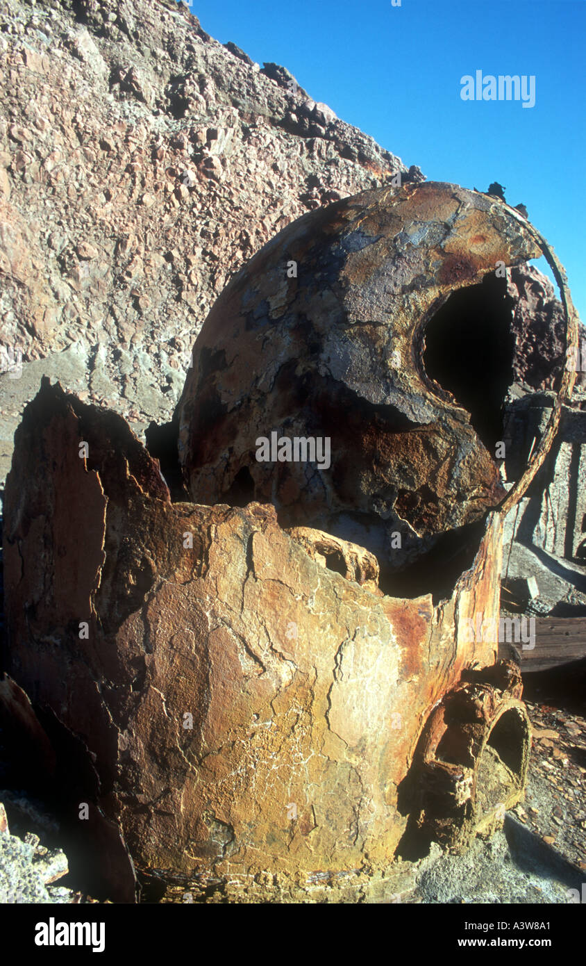 A badly corroded boiler from the long abandoned sulphur factory on White Island Bay of Plenty North Island New Zealand Stock Photo