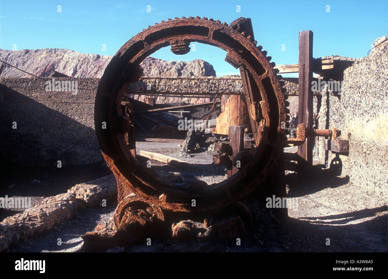Badly corroded machinery in the long abandoned sulphur factory on White ...