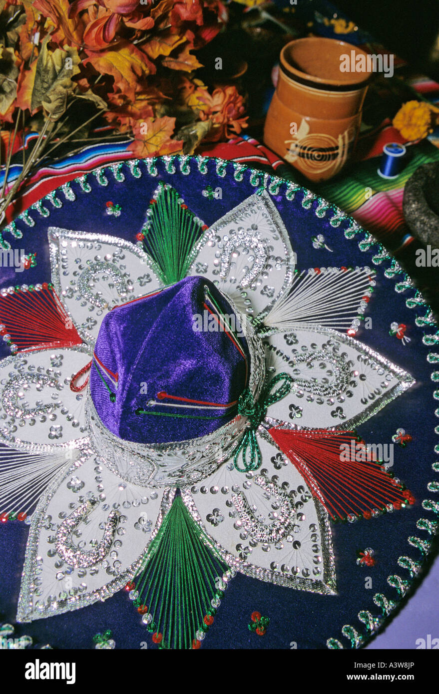Mexican sombrero offered on altar during Day of the Dead celebration in San Antonio Texas Stock Photo