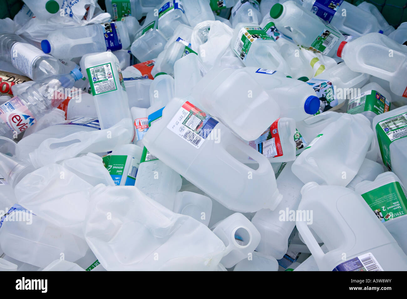 Plastic bottles in recycling bank Wales UK Stock Photo