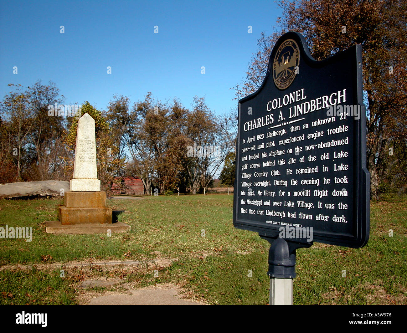Site of the first night flight by colonel Charles A Lindbergh in Lake Village Arkansas April 1923 with memorial and plaque Stock Photo