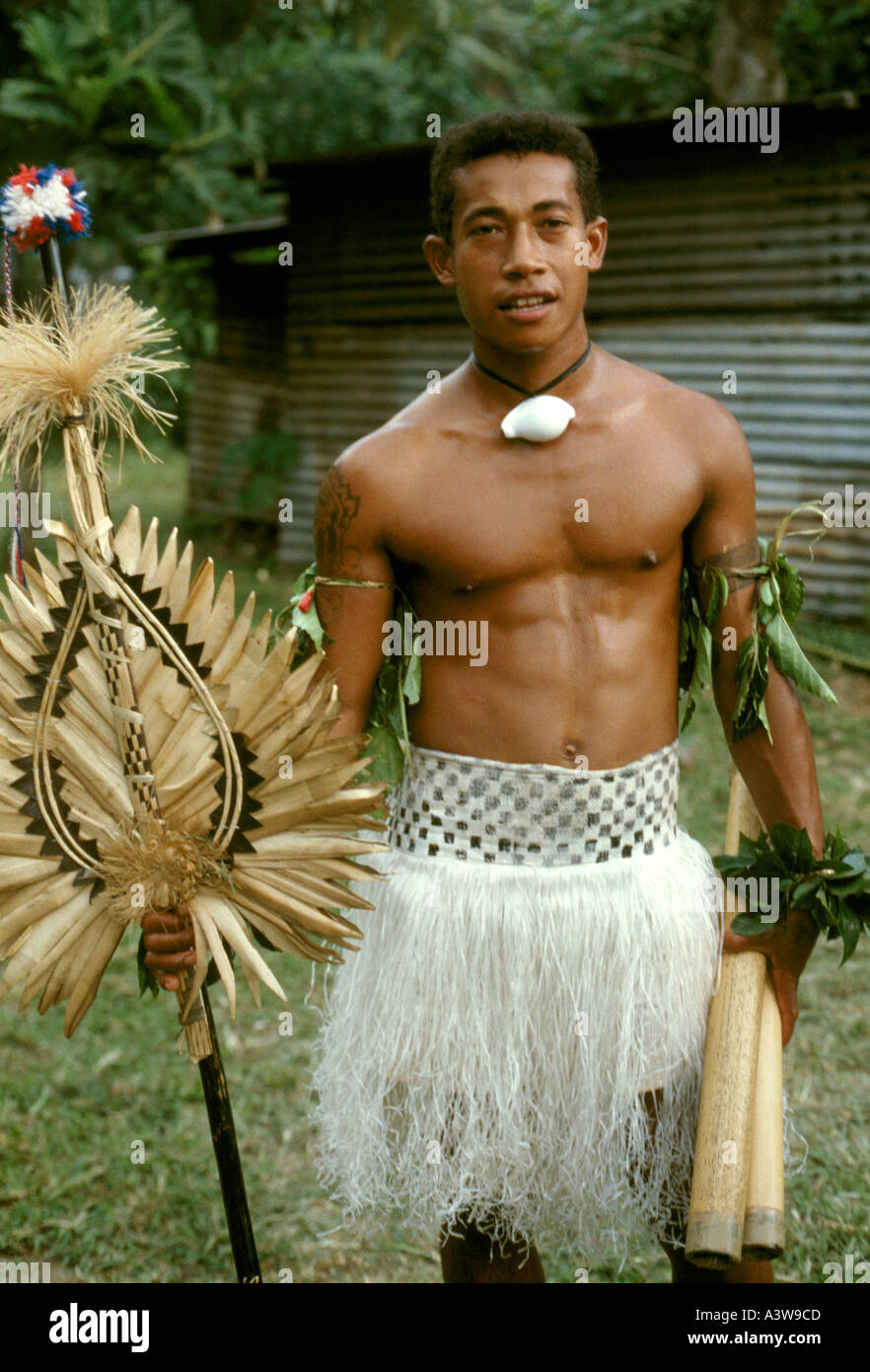 A young Fijian is dressed in traditional costume at Waiyevo on the ...