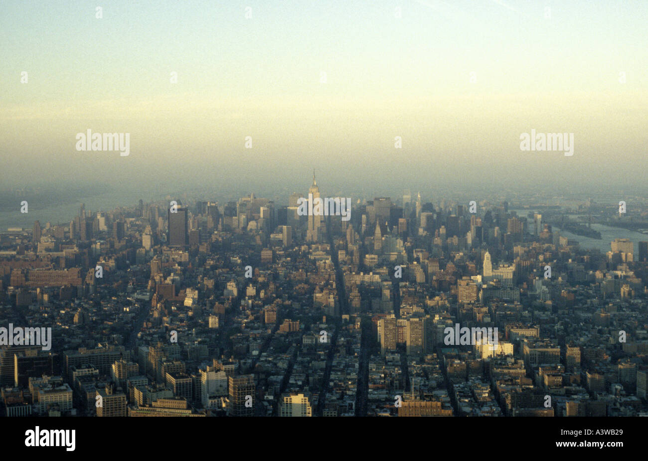 A view of Manhattan New York from the World Trade Center Twin Towers in 1999. Stock Photo