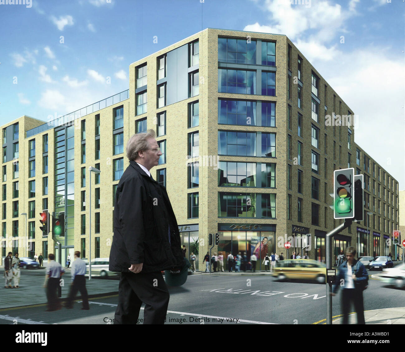 A man walks past an artists impression of residential development in the centre of Birmingham West Midlands England Stock Photo