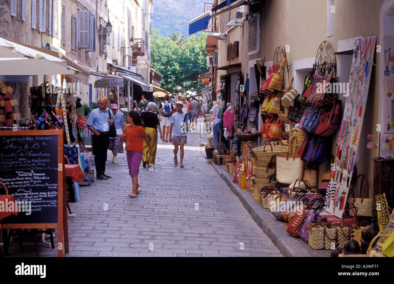 Shopping street at Ille Rousse Corsica Island France Stock Photo