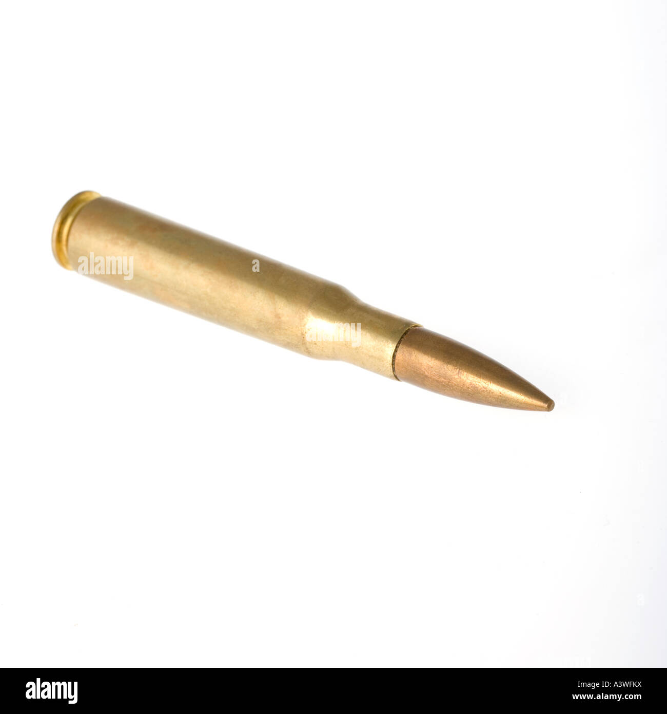 A massive 50 Caliber bullet on a white background. War and Armed Conflict concepts. Stock Photo