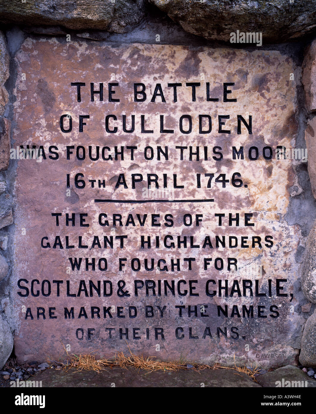 Plaque on the Memorial Cairn at Culloden battlefield, near Inverness, Highland, Scotland, UK Stock Photo