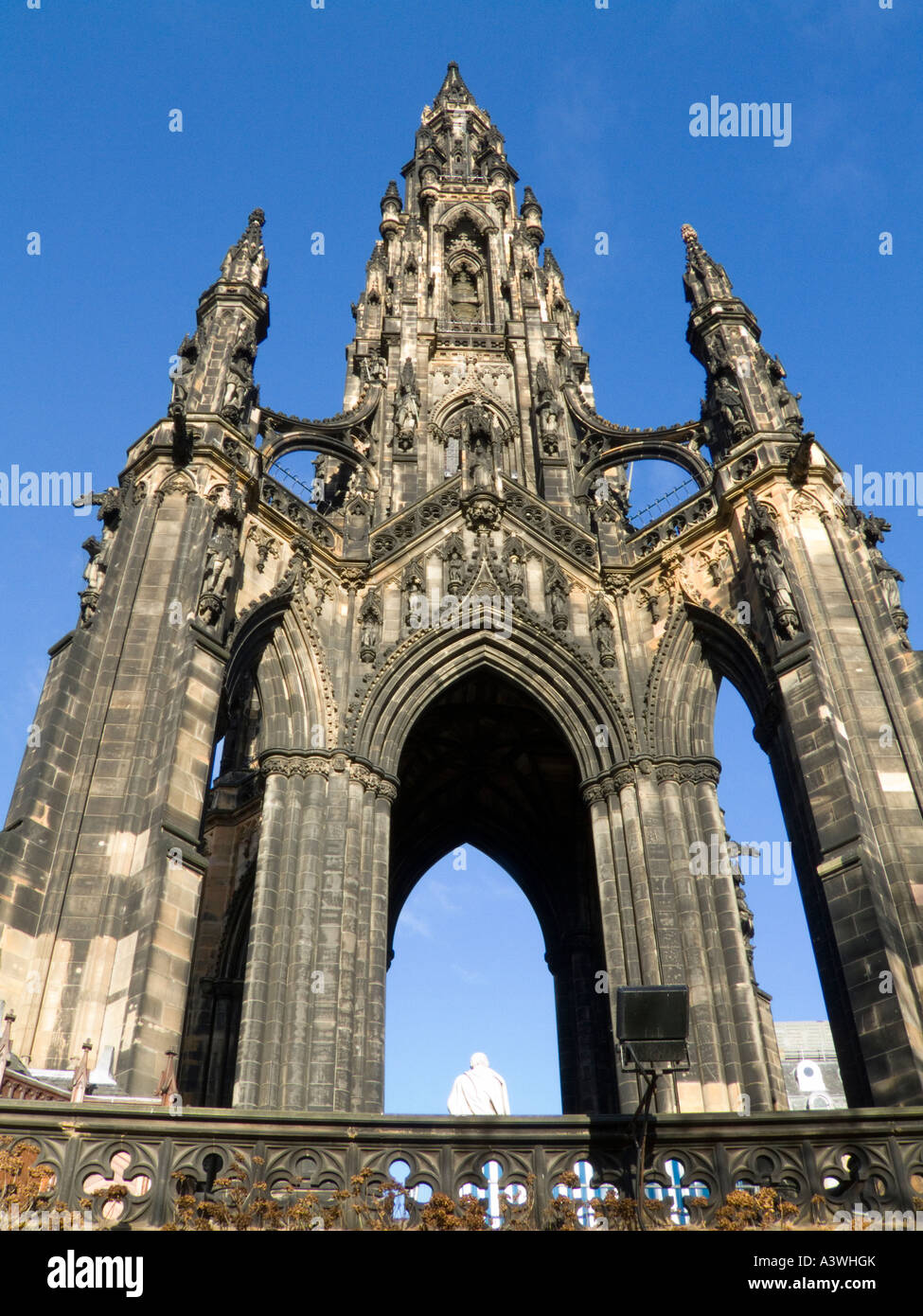 The famous Sir Walter Scott monument in Princes Street Gardens Edinburgh viewed from below Stock Photo