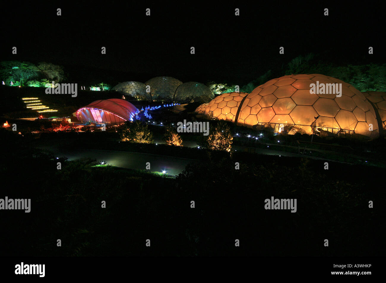 The Eden Project in Cornwall UK lit up at night Stock Photo