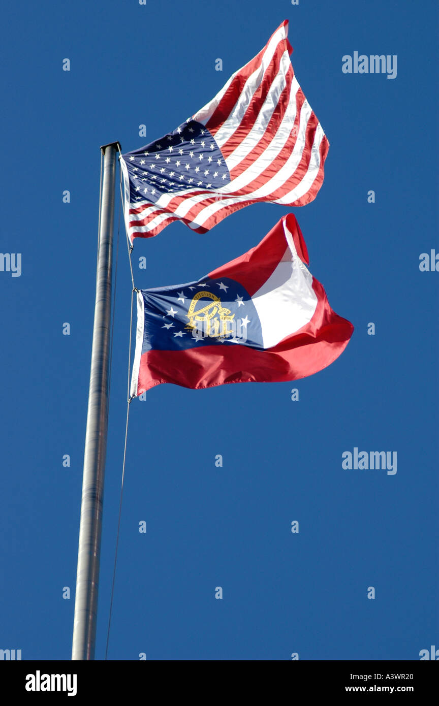 Flags for Georgia new in 2003 and USA in the wind Stock Photo