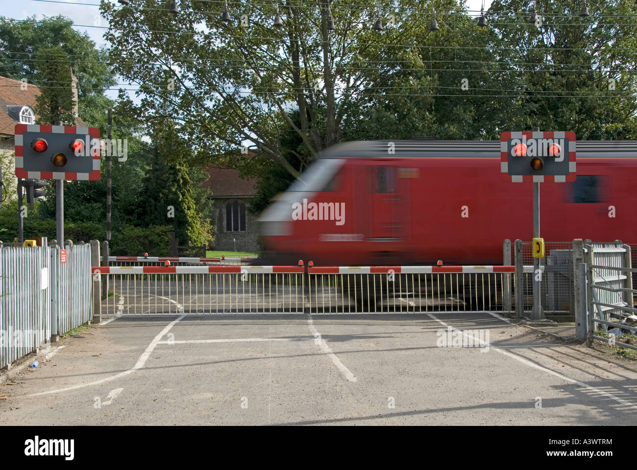 Railway Tracks Red Flashing Warning Light Sign Level Crossing Barrier Stock Photo Alamy