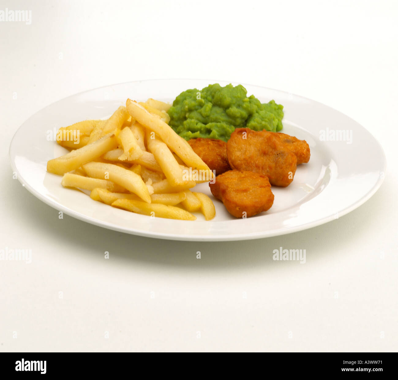 Chicken nuggets chips and mushy peas Keywords school dinner unhealthy