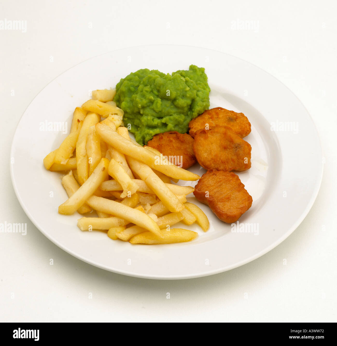 Chicken nuggets chips and mushy peas Keywords school dinner fast food
