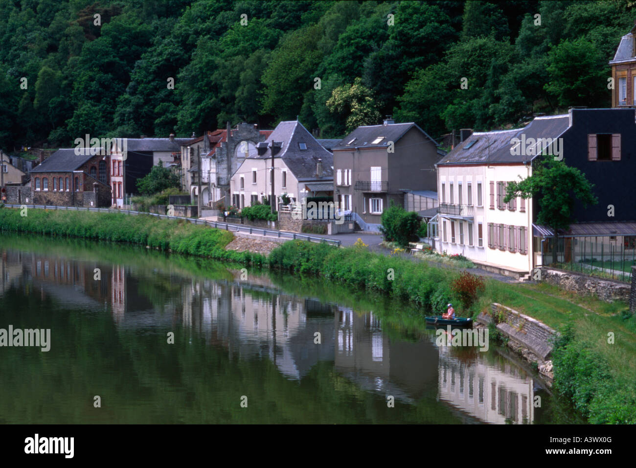Fishing on River Meuse at Monthermé, French Ardennes Stock Photo