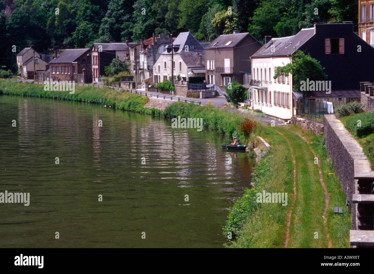 Fishing on River Meuse at Monthermé, French Ardennes Stock Photo