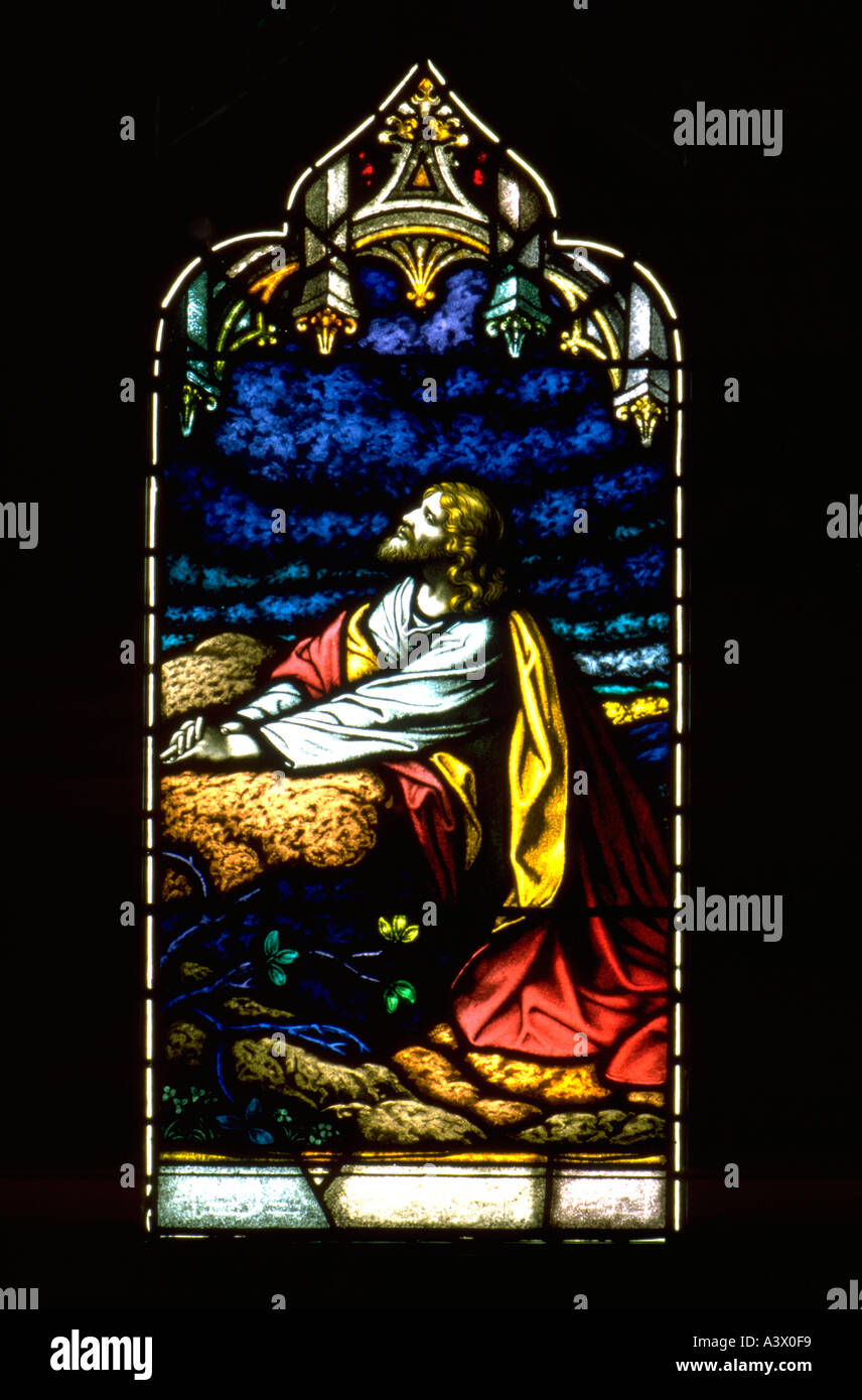 Stained glass window of Jesus praying in the Garden of Gethsemane. St Paul Minnesota USA Stock Photo - Alamy
