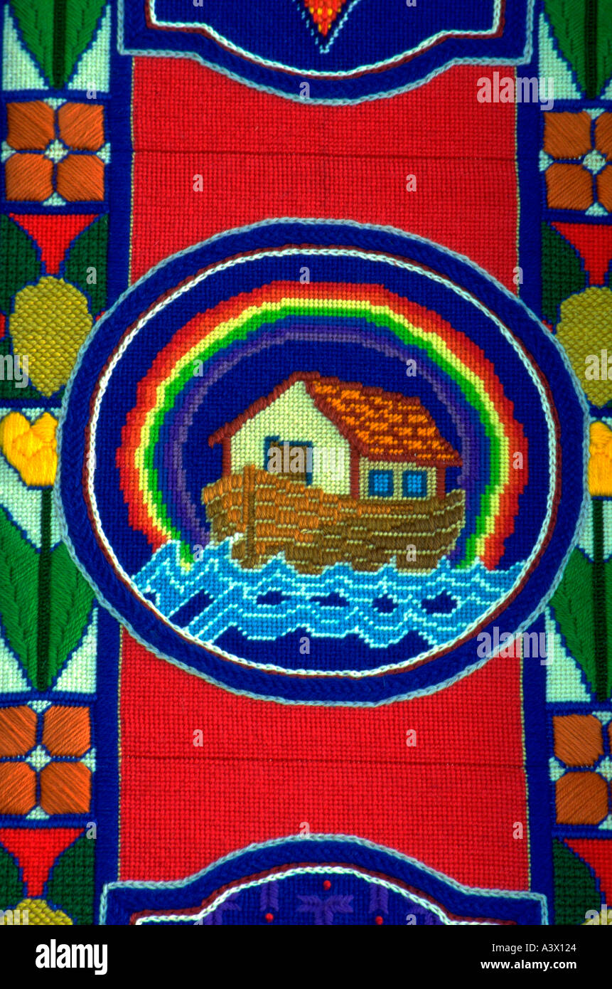 Noah's Ark design on Olivet Church UCC needle point tapestry. St Paul Minnesota USA Stock Photo