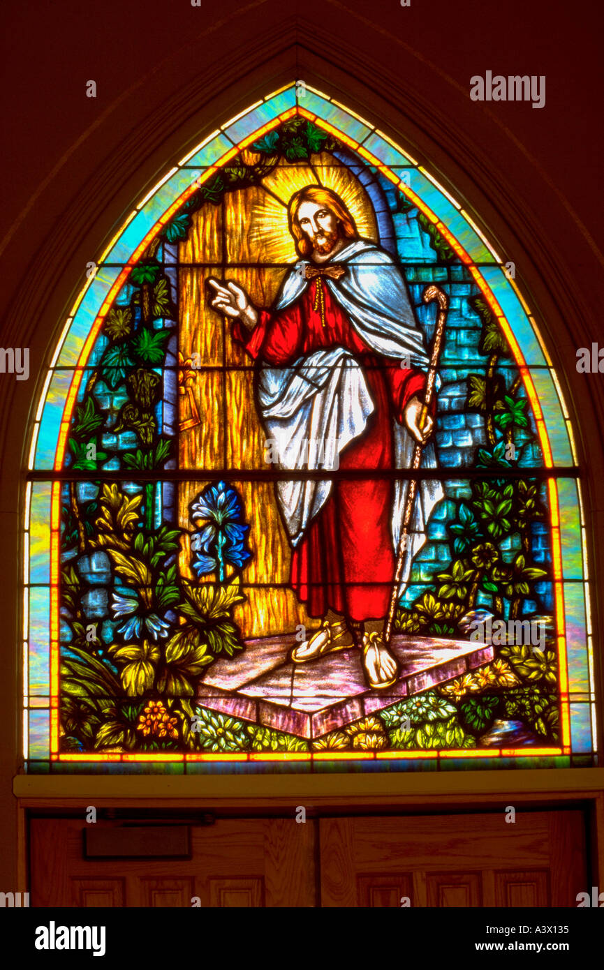 Stained glass window of Jesus knocking at the door Vasa Lutheran Church.  Vasa Minnesota USA Stock Photo - Alamy