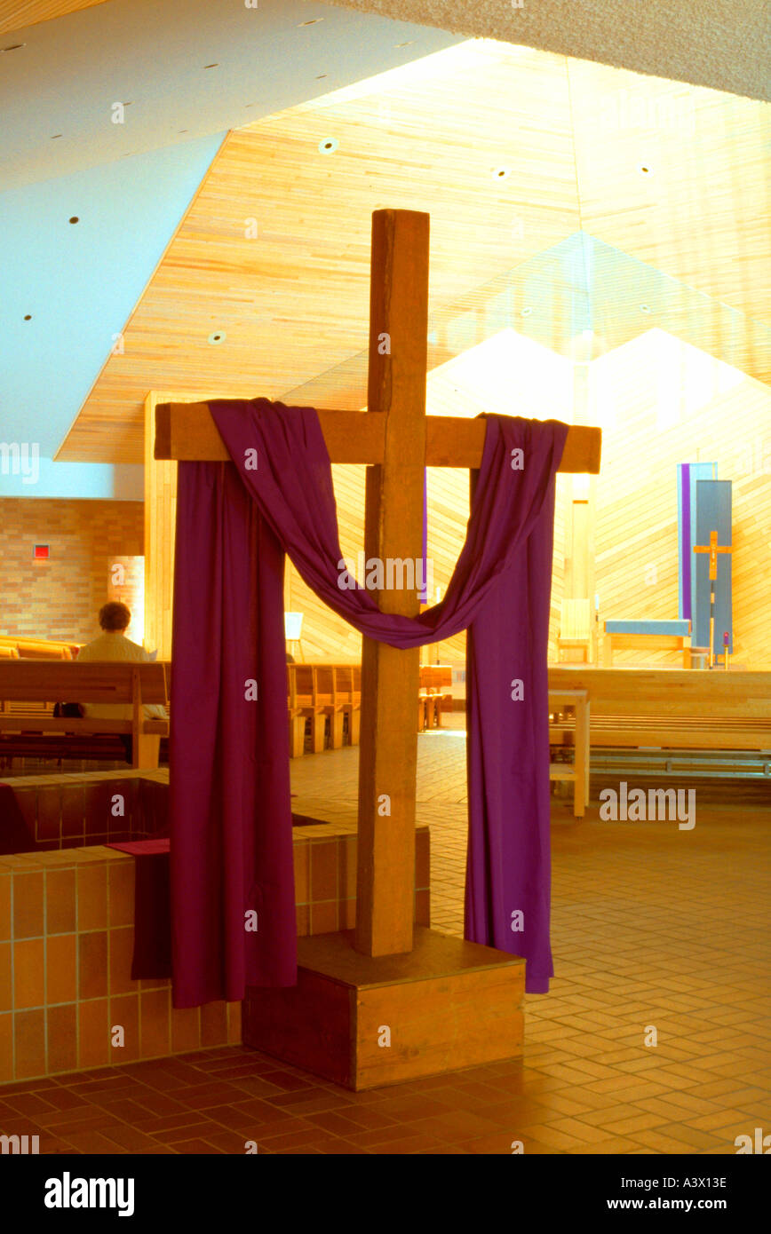Cloth draped cross in the Nativity of Mary Catholic Church. Bloomington