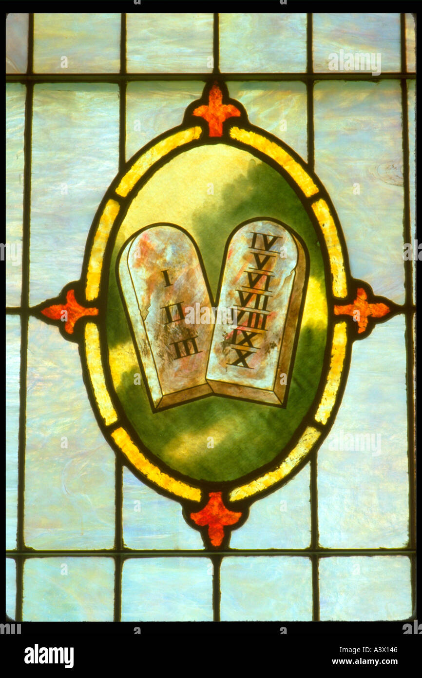 Ten commandments on stained glass at Holy Communion church. Minneapolis Minnesota USA Stock Photo