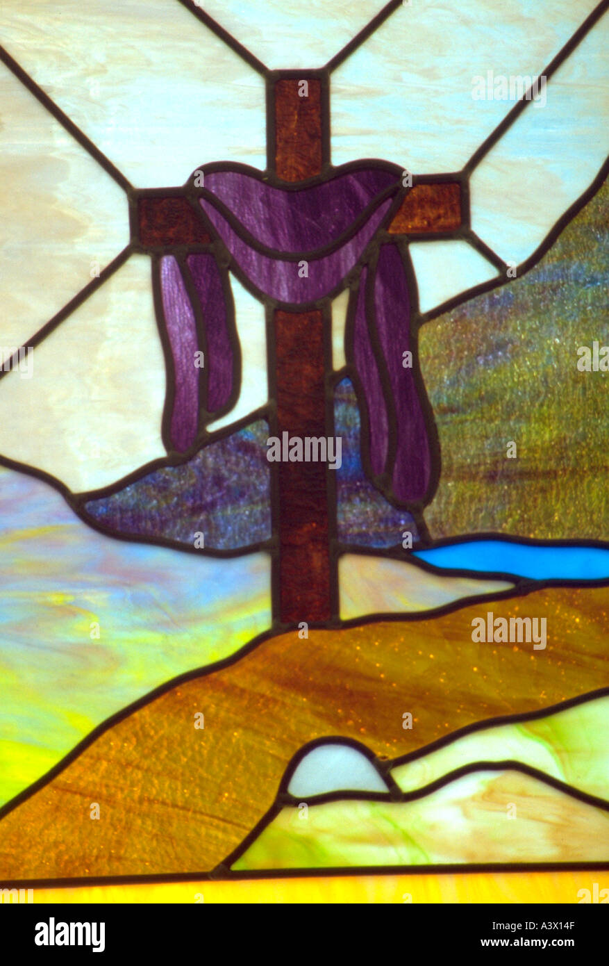 Church Stained Glass Window Of Cross With Purple Drape