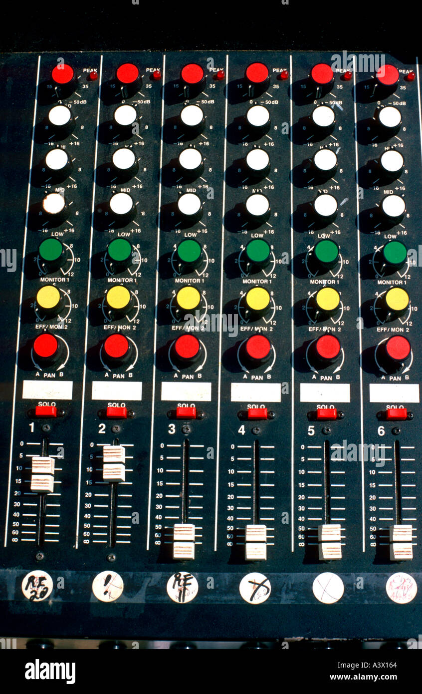 Electronic mixer board for Rock 'n' Roll band at street fair. Grand Old