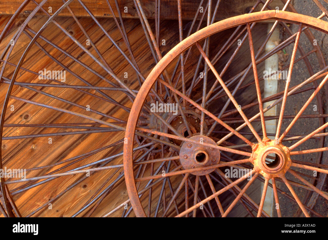 Antique spoked wagon wheels. Danbury Wisconsin WI USA Stock Photo Alamy