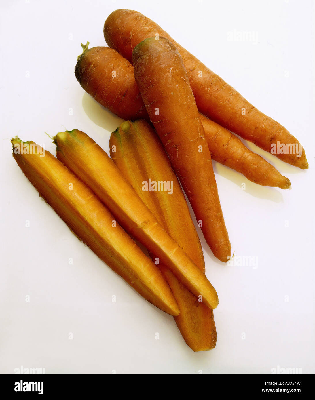 botany, carrot, (Daucus carota), halved taproots, studio shot, root, roots, vegetable, carotts, Umbelliferae, Apiaceae, Rosidae, Stock Photo