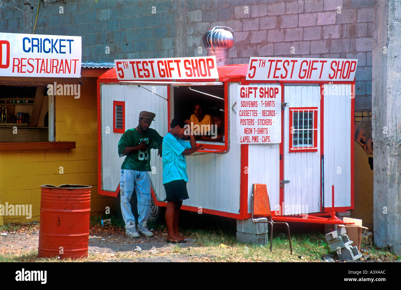 Trailer gift shop at test cricket Recreation Ground St Johns Antigua Stock Photo