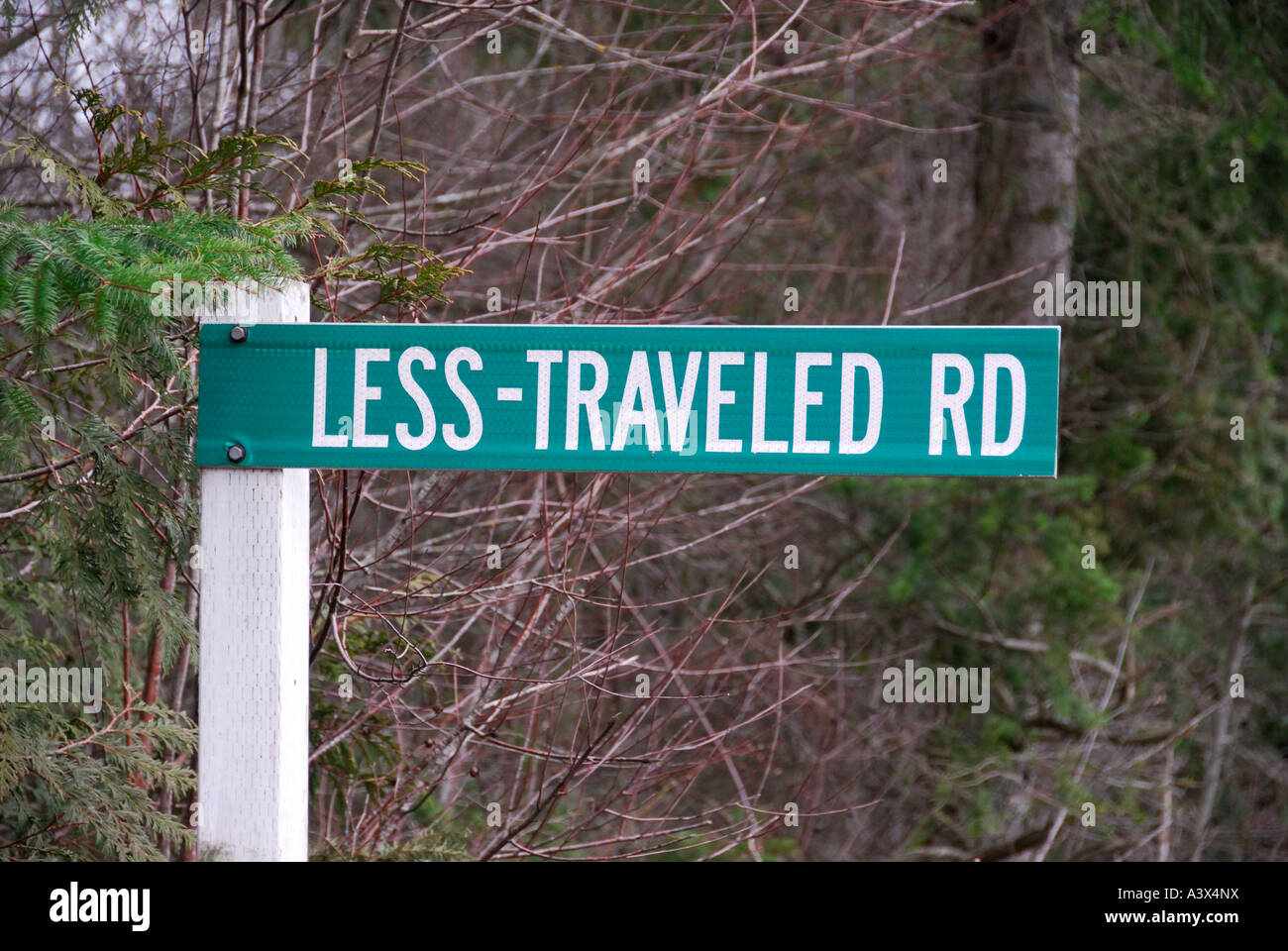 "Sign for "Less-Traveled road", "Lopez Island", "San Juan County", "Washington state", USA" Stock Photo