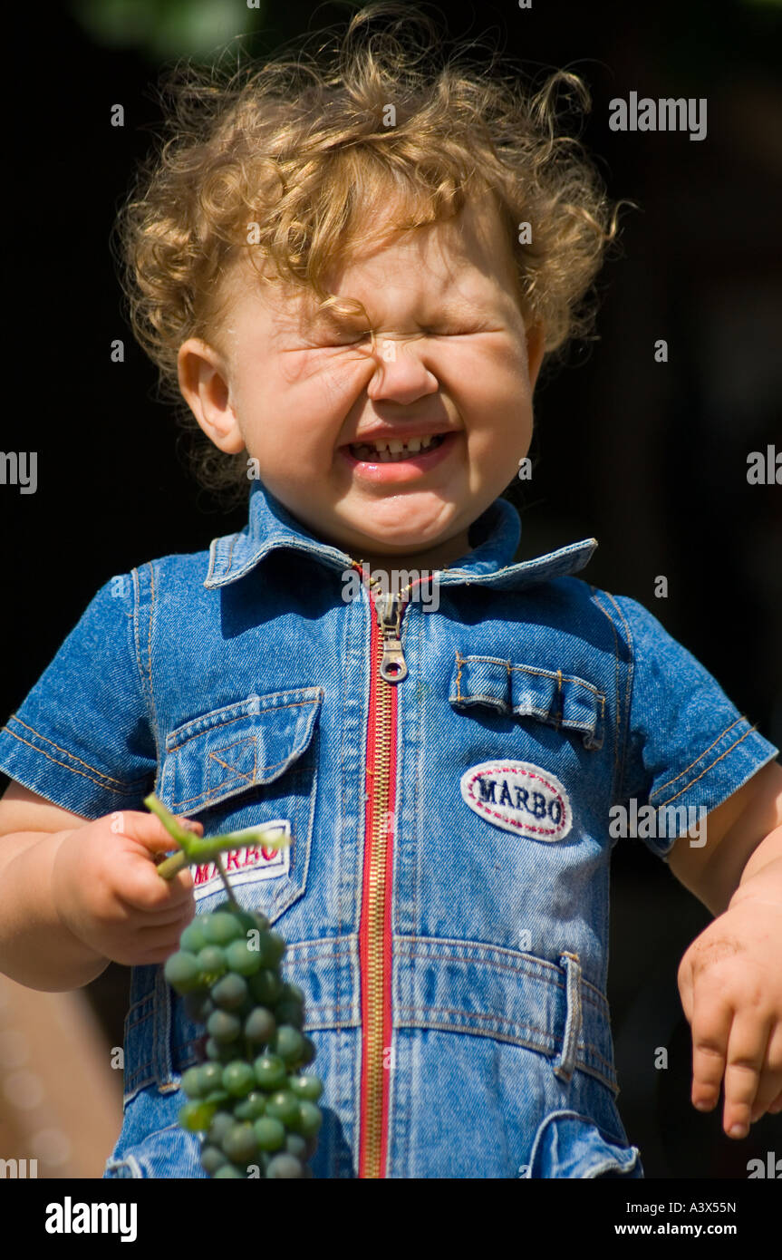Portrait of little girl eating grapes and not enjoying it Stock Photo