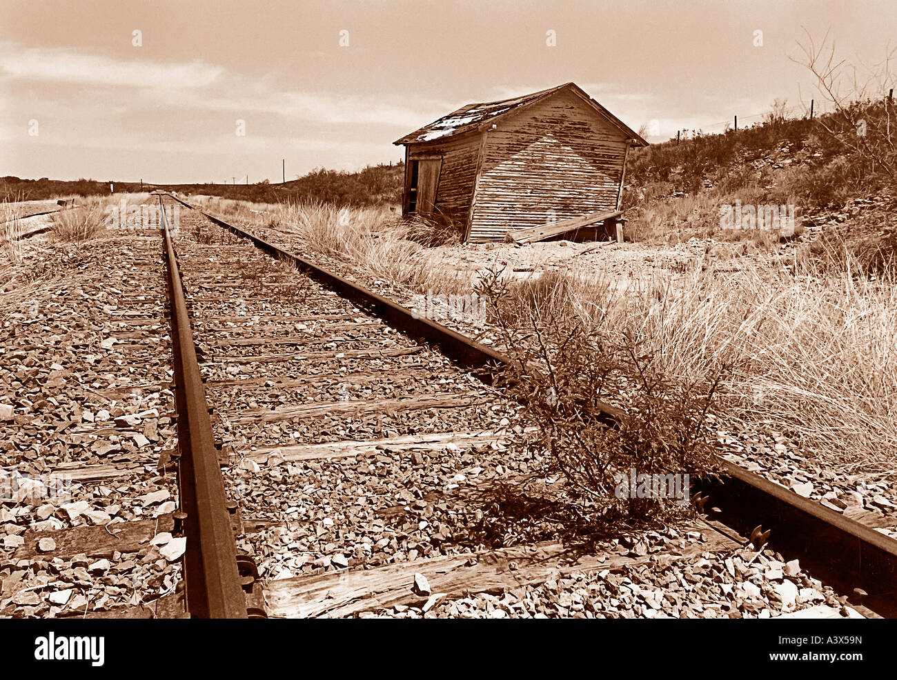 Abandoned railroad and depot near the Mexican American border Tres Piedras Texas Stock Photo