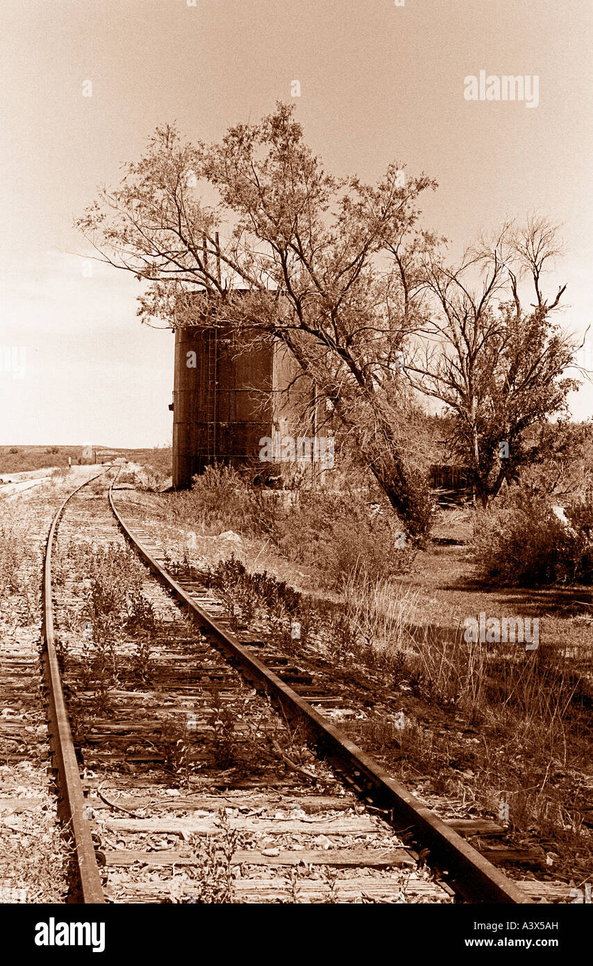 Abandoned railroad and water tank near the Mexican American border Tres Piedras Texas Stock Photo